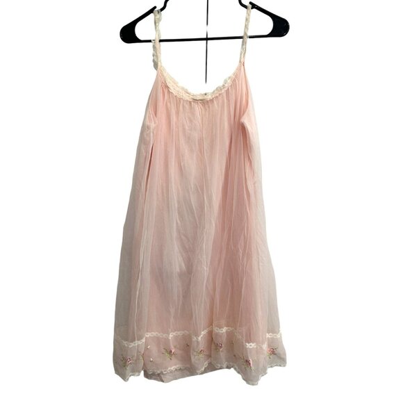 Vintage Vanity Fair Pink Nylon Tricot Slip Dress Baby Doll Floral Lace NIghtgown - Picture 2 of 8